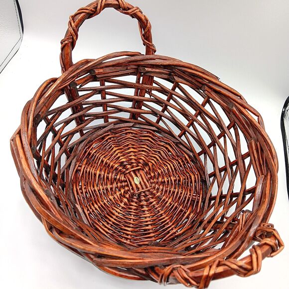 Wicker Gathering Basket Brown Thick Woven Side Handle Round Decor Bread Fruit 9" - Picture 4 of 12